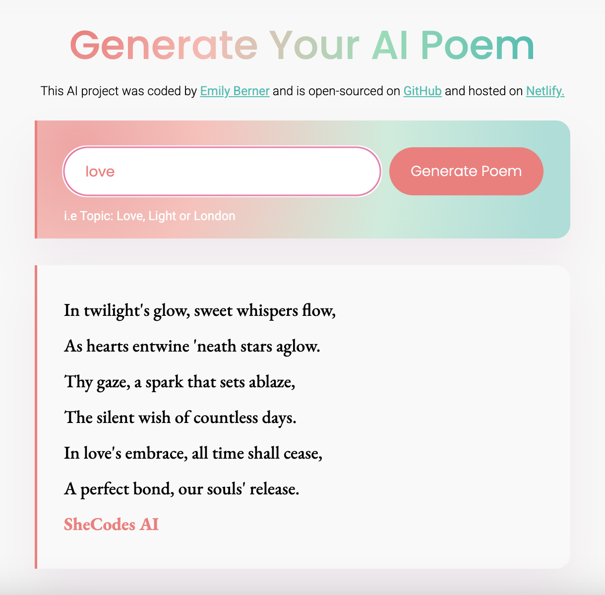 AI Poem Generator interface